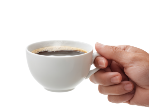 A hand gracefully cradles a steaming cup of freshly brewed coffee, the rich aroma a tantalizing promise of a revitalizing morning.
