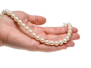 A hand gently cradles a lustrous pearl necklace, each sphere glowing with natural iridescence and grace.