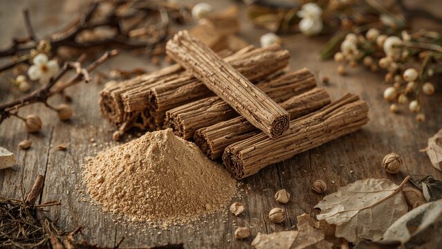 Pure dried licorice sticks and powdered form sourced from Glycyrrhiza glabra