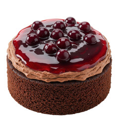 Decadent round chocolate cake topped with glossy cherry glaze and chocolate mousse, ideal for birthdays or special treats.
