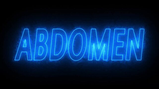 Flickering neon blue glowing abdomen sign animated black background. neon ABDOMEN text animation