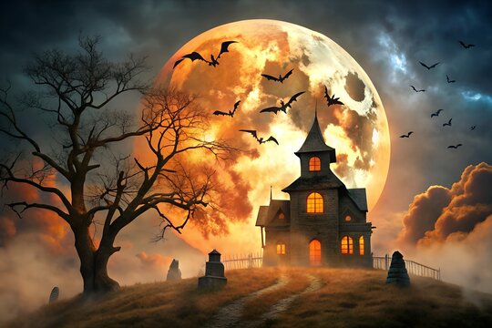 A spooky haunted house on a hill under a full moon with bats flying around in the night sky, creating an eerie and mysterious halloween atmosphere