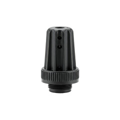 Industrial-style black plastic nozzle with threaded fitting, used in irrigation, plumbing, or machinery connections.
