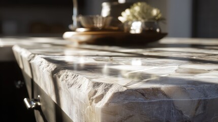 Elegant Marble Slab with Soft Diffused Light on Kitchen Countertop