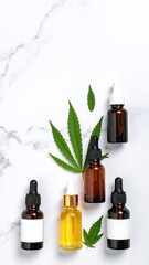 Obraz premium A collection of elegant cannabis oil bottles, each adorned with intricate labels, surrounded by vibrant green marijuana leaves, creating a natural, organic aesthetic.