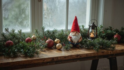Fototapeta premium Wooden tabletop adorned with pine sprigs, a whimsical gnome, illuminated lantern, ornaments, and a festive garland by the window. Winter holiday home styling, greeting card concept.