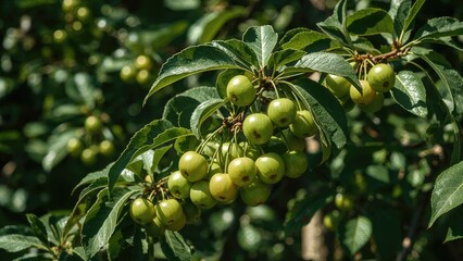 Young green cherries attached to a tree branch