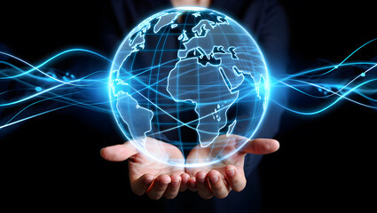 Global Connectivity and Digital Network Concept a Person Holds a Glowing Globe of Earth