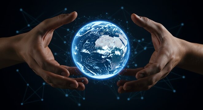 Hands surrounding a glowing digital Earth with a network of connected points and data lines, symbolizing global connectivity, technology, and digital communication.