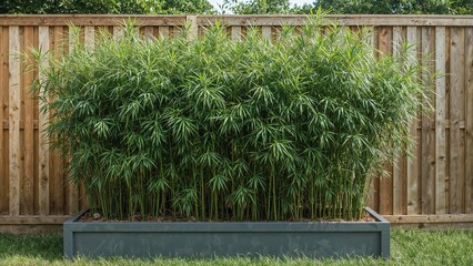 Outdoor wooden fence shielded by dense bamboo plants in a rectangular trough planter.