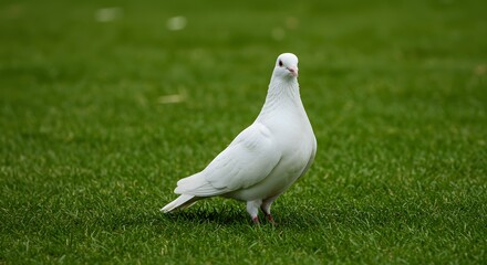 Fototapeta premium A pristine white dove stands gracefully on a vibrant, green grassy lawn.