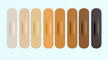 A 3d rendering of standard-sized bandages, or plasters, arranged horizontally in a row. Each bandage is a different shade of brown. A diversity of skin tones, inclusivity in medical products.