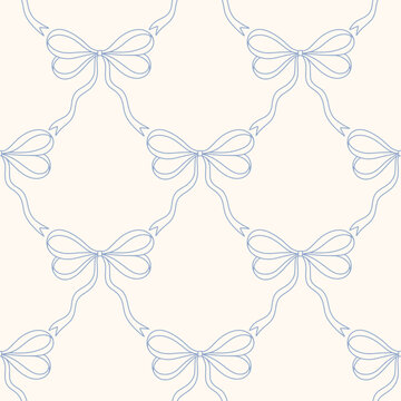 Hand drawn ribbon bow seamless lattice pattern with a charming whimsical cottage core design. Soft blue, pastel, and nostalgic trellis print. Perfect for textiles and romantic vintage-inspired decor.