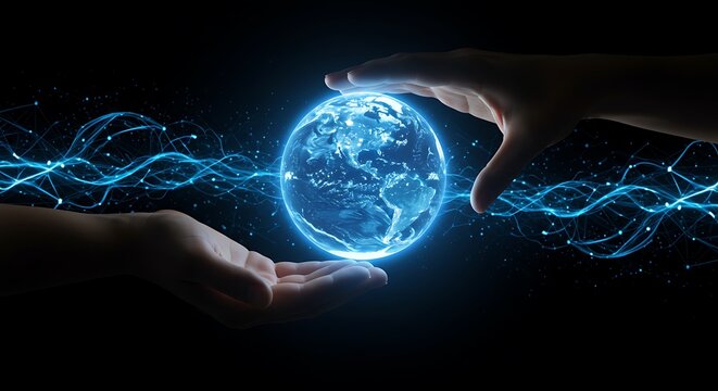 Hands surrounding a glowing digital Earth with a network of connected points and data lines, symbolizing global connectivity, technology, and digital communication.