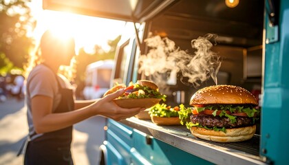 Steaming gourmet burgers served from a vibrant blue food truck at sunset