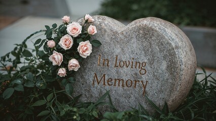 Heart-shaped gravestone decoration with rose embellishments and 'In Loving Memory' text
