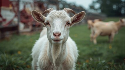 Obraz premium Goat resting on farmland. Industrial dairy farming involving livestock management.