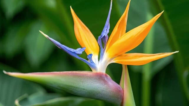 Bird of paradise flower orange petals  blue pistils against soft green backdrop