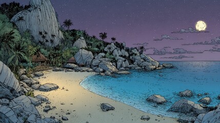 Nighttime beach scene on a tropical island.