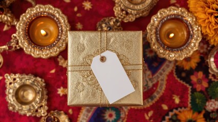 Fototapeta premium Golden wrapped gift with a blank tag paired with cultural oil lamps. Festive holiday background, top-down view.
