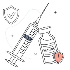 Flat illustration of syringe and vaccine vial with shield icon generated by ai