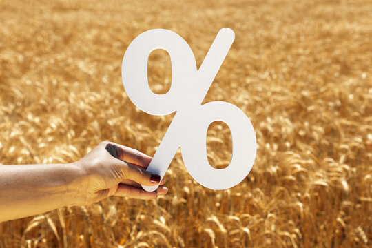Woman’s hand holding a large white percent sign over a ripe wheat field, representing agricultural pricing, market trends, and rural economy.