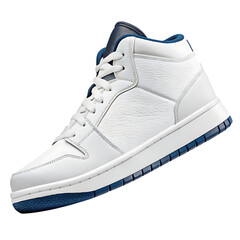 White leather high top sneaker with blue accents shoe