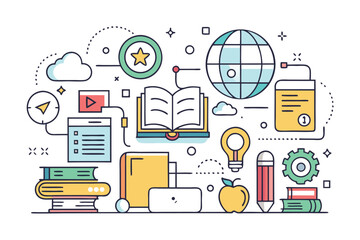 Colorful Education and Learning Icons with Book Globe Apple and Pencil