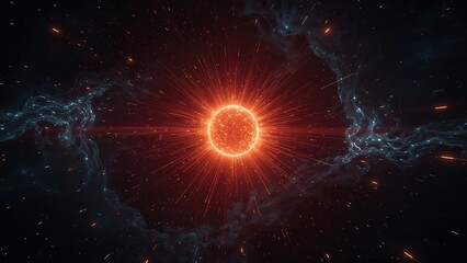 Bright circular energy emitter in the universe, gamma burst phenomenon, computer-made abstract scenery, 3D modeled image