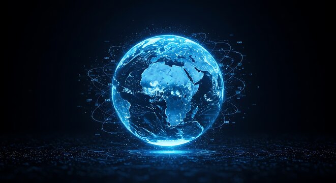 Futuristic digital globe glowing in blue, representing global network and data exchange. Abstract Earth model surrounded by virtual data streams on a dark technology background.