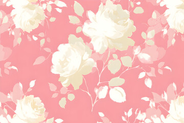 Floral pattern with vintage ivory roses and leafy branches repeating on soft pastel pink creating a romantic seamless background for textiles and stationery