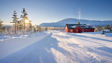 Idyllic Winter Landscape with Red Cabin and Snow Covered Scenery under a Clear Blue Sky Offering Peace and Serenity