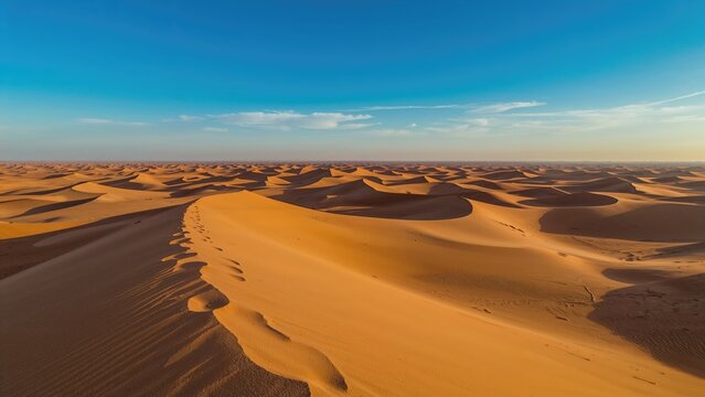 Immense sandy expanse showcasing golden barchan dunes in the largest hot desert on Earth.