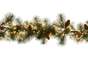 Christmas Pine Branch with Cones and Warm String Lights, Front View, Isolated on Transparent Background