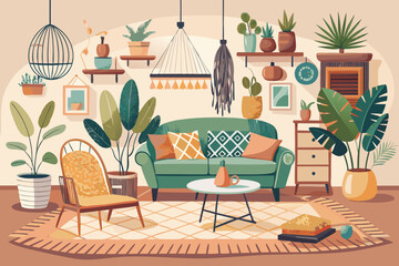 Cozy Boho Living Room Interior with Plants and Natural Light Illustration