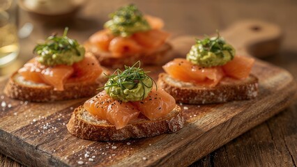 Salmon snacks paired with creamy guacamole and garnished with microgreens
