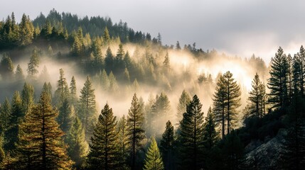 Obraz premium Serene Mountain View with Fog and Pine Trees During Golden Hour
