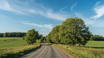 Picturesque country lane winding through agricultural fields. Color photo with a nature focus.