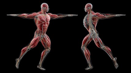 Obraz premium Detailed Muscular Anatomy of Human Body During Dynamic Movement