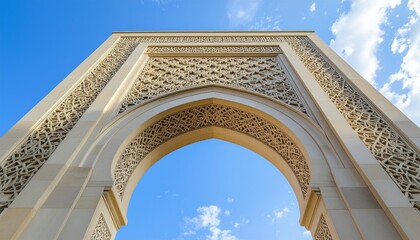 Low angle view of an ornate, beige archway with intricate geometric patterns against a bright blue sky with wispy clouds.