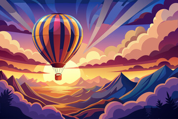 Fototapeta premium vector of The hot air balloon that rises above the clouds at sunset shows its beauty with a beautiful shining light.