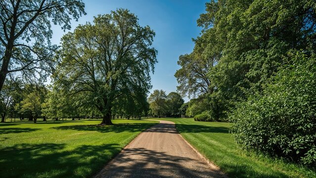 Beautiful stone path twisting through verdant parkland with abundant trees and grassy areas