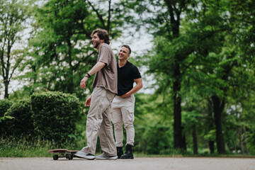 Obraz premium Two young men having fun skateboarding together in a tranquil park surrounded by greenery. The scene radiates friendship, nature, and outdoor leisure activities under a clear sky.
