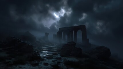 Mystical Ruins Illuminated by Moonlight in Darkened Landscape