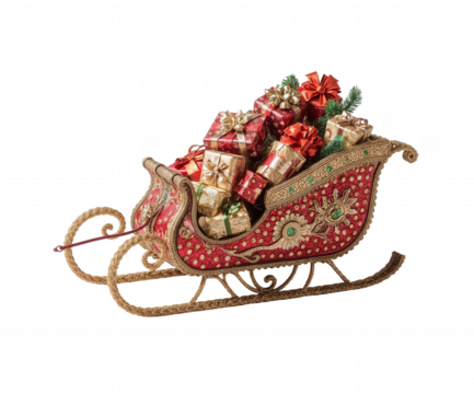 Festive holiday sleigh overflowing with beautifully wrapped gifts adorned with ribbons and evergreen sprigs