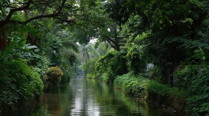 Serene Narrow Canal Cutting Through Lush Green Jungle Landscape