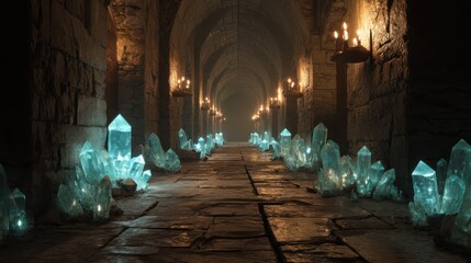 Enchanted Crystal-Lit Dungeon Corridor with Narrow Stone Pathways