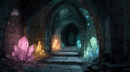 Obraz premium Enchanted Dungeon Corridor with Colorful Crystals Lighting Path