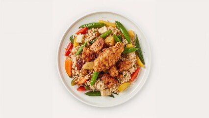 Fototapeta premium Golden Fried Chicken Paired with Sauteed Vegetable Rice. Top-Down Food Presentation.