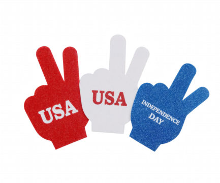 Festive Patriotic Display of Red White and Blue Foam Fingers Celebrating the Spirit of Independence Day